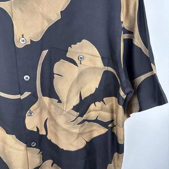 Tori Richard Men Tropical Leaf Print Silk Hawaiian Shirt Size M Black Tan Resort - Picture 4 of 5